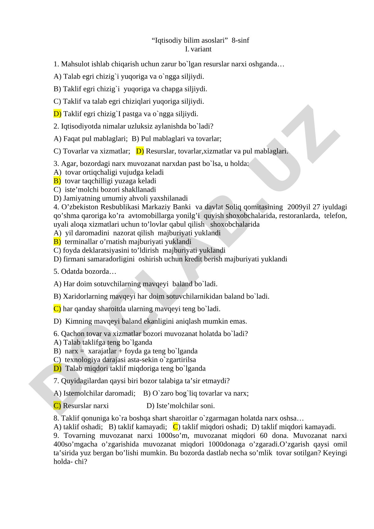 Iqtisodiy bilim asoslari 8-sinf I. variant