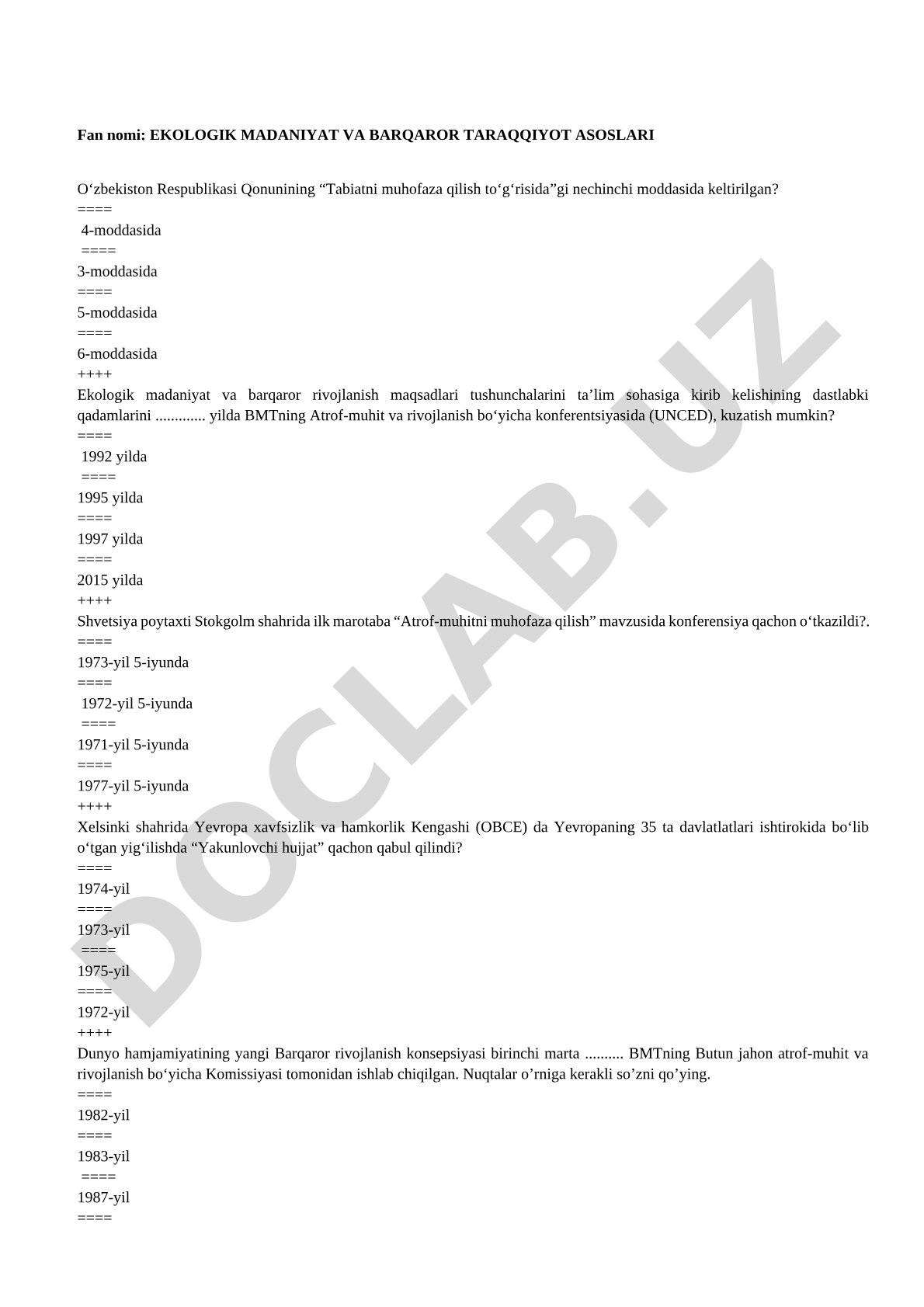 Ekologik madaniyat va barqaror taraqqiyot asoslari fanidan test savollari