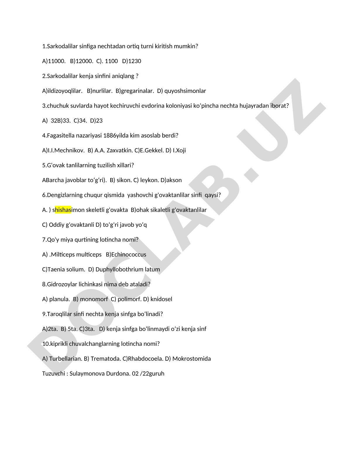 Sarkodalilar sinfiga oid test savollari