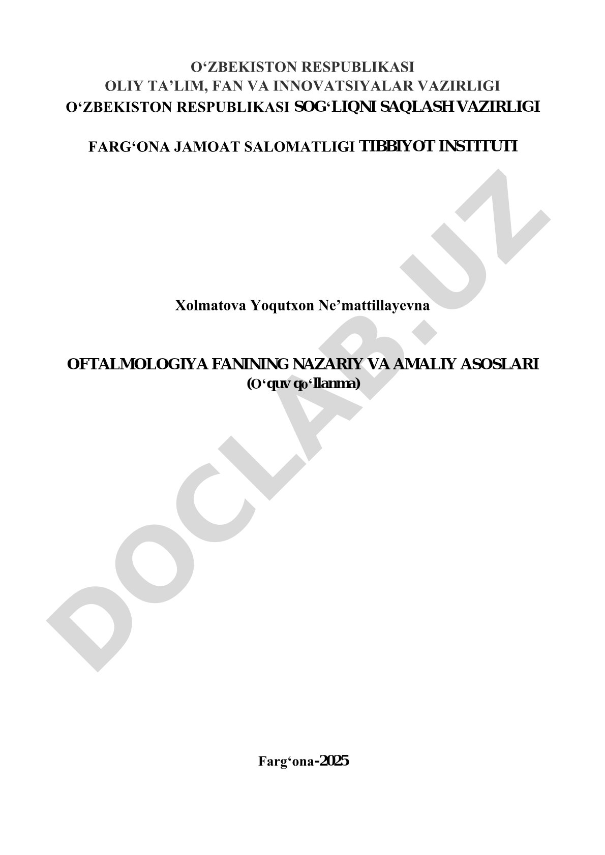 Oftalmologiya fanining nazariy va amaliy asoslari
