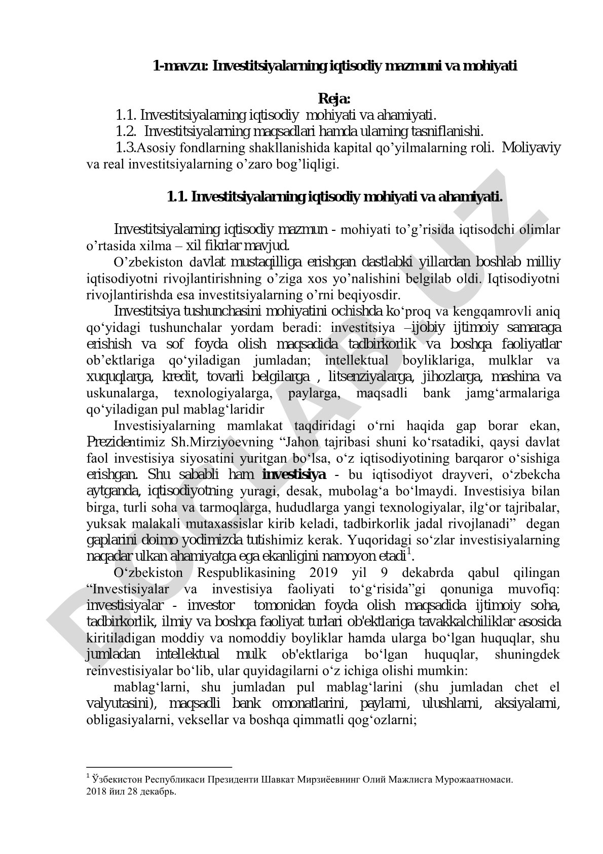 Investitsiyalarning iqtisodiy mazmuni va mohiyati