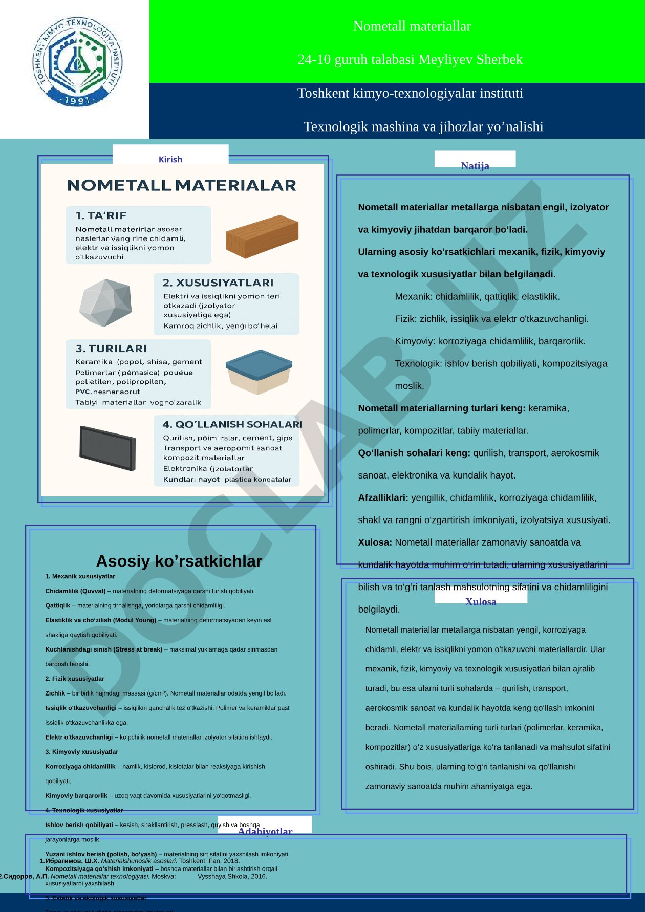 Nometall materiallarning turlari, xususiyatlari va qo'llanish sohalari