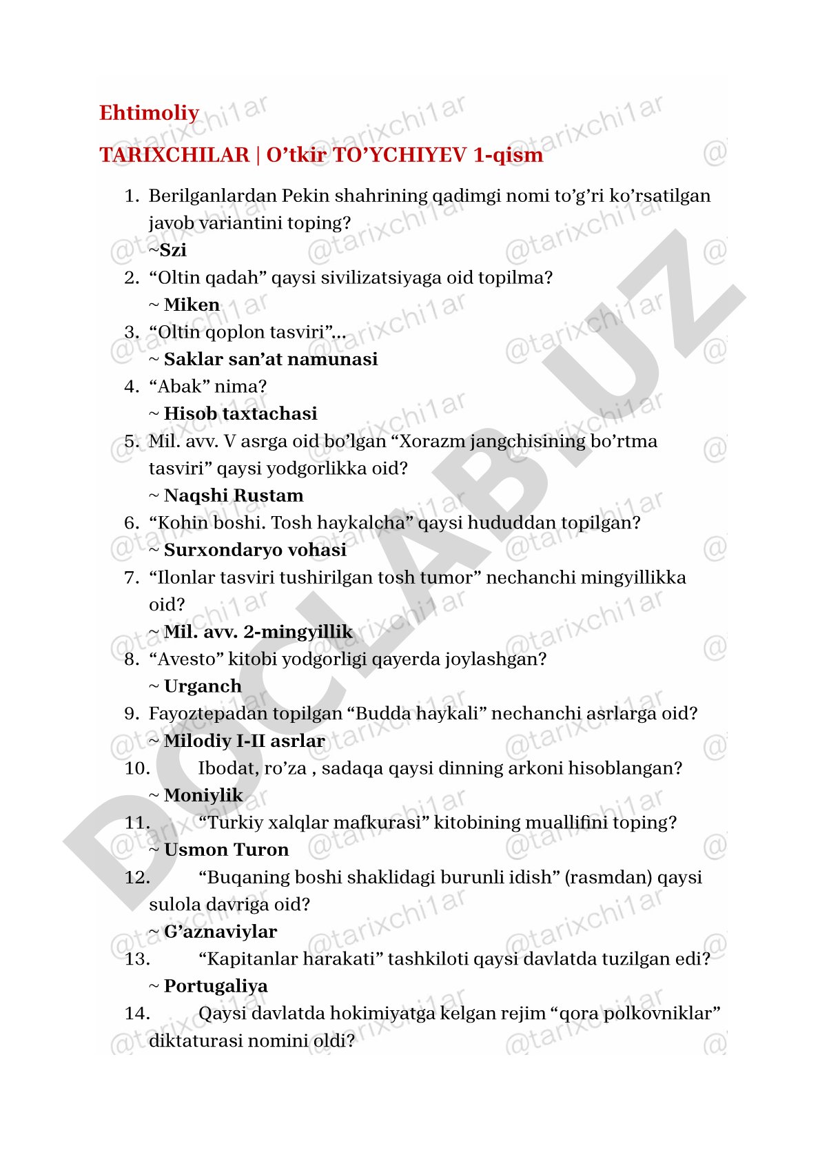 Tarix fanidan test savollari va javoblari