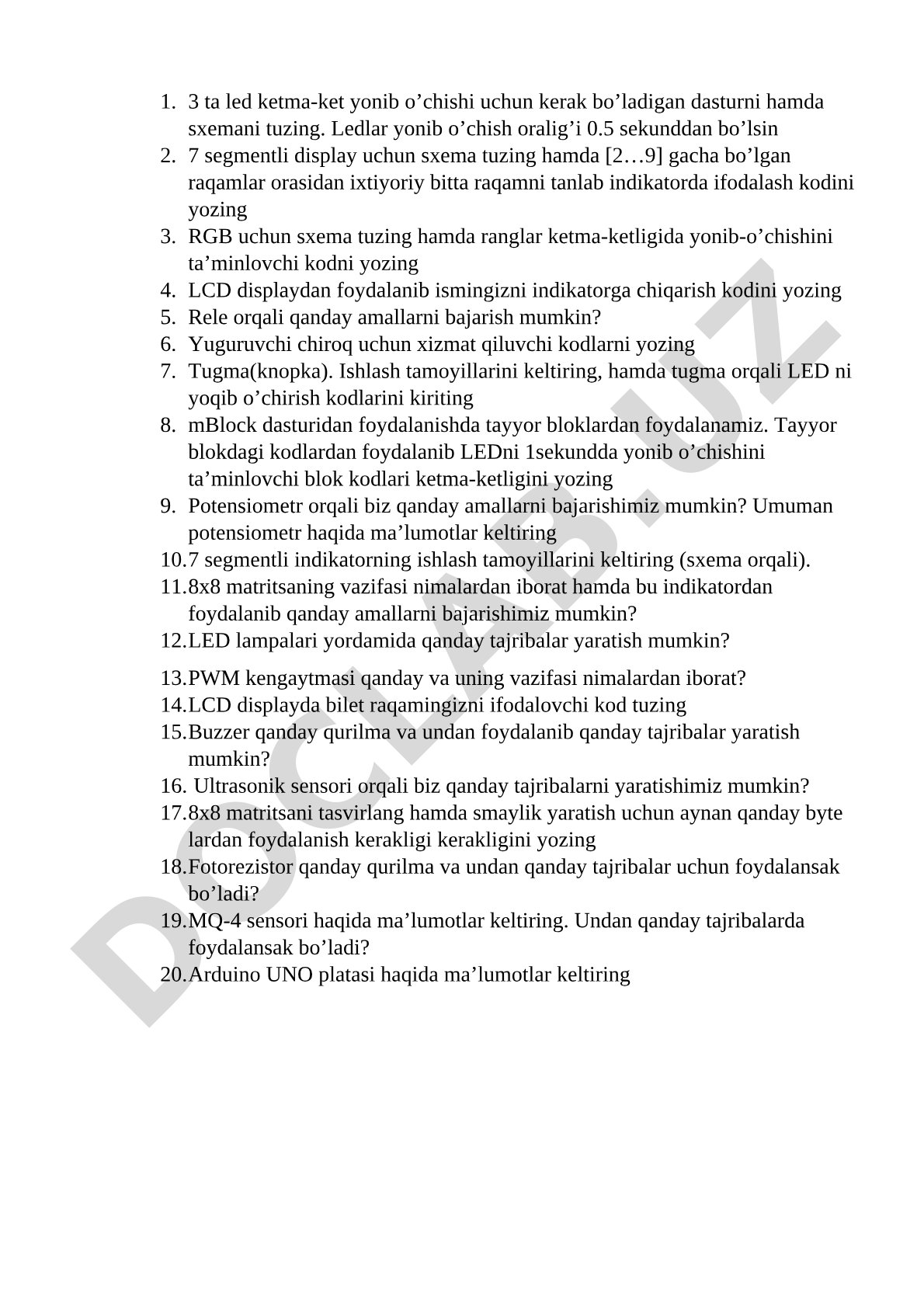 LED, displey va boshqa komponentlar bilan ishlash topshiriqlari
