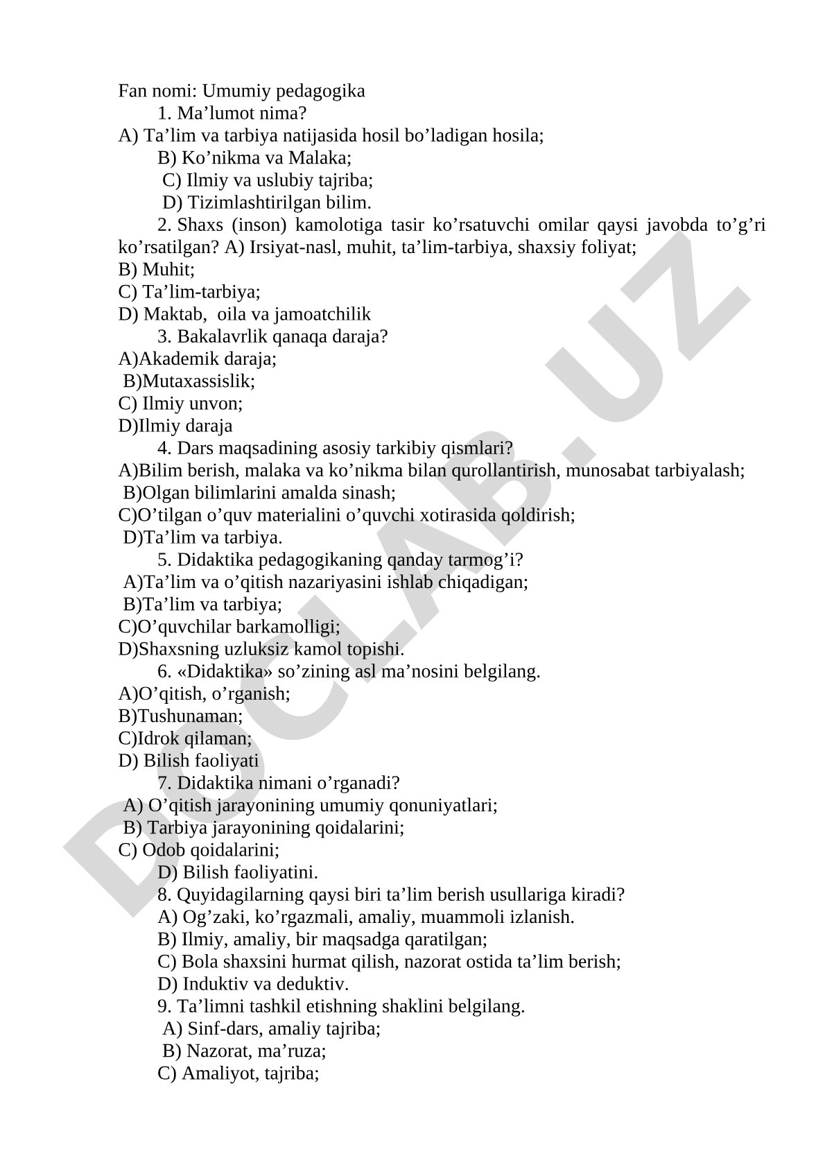 Umumiy pedagogika fanidan test savollari
