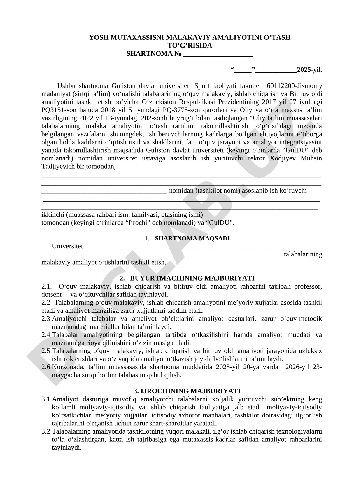 Yosh mutaxassisni malakaviy amaliyotini o‘tash to‘g‘risida shartnoma