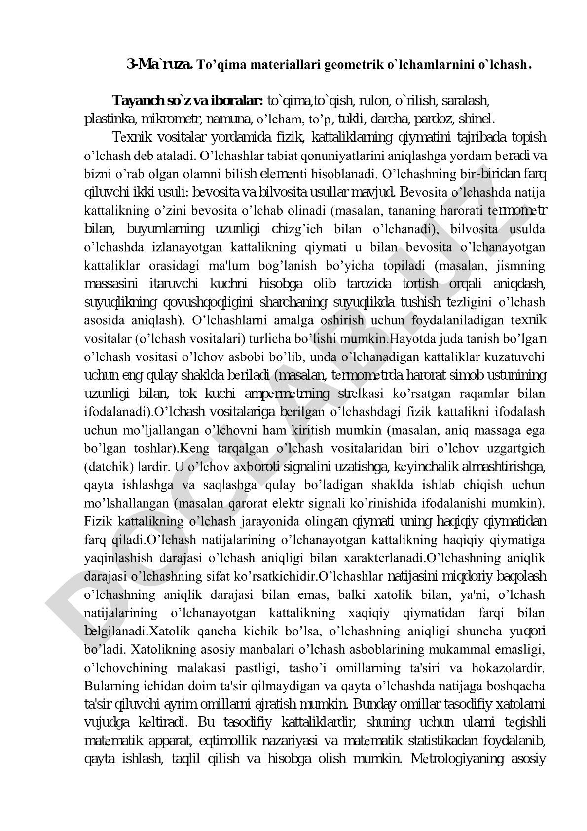 To’qima materiallari geometrik o`lchamarnini o`lchash