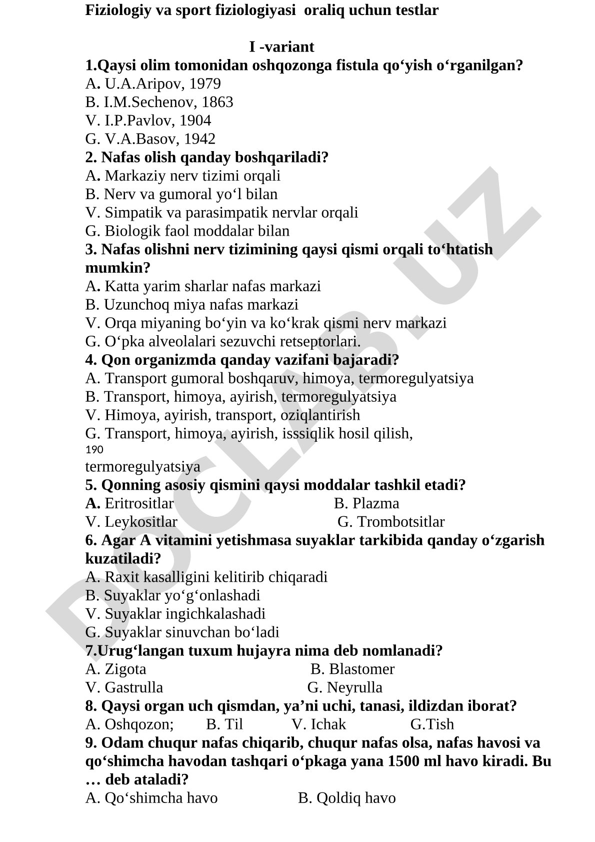 Fiziologiya va sport fiziologiyasi oraliq testlari I variant