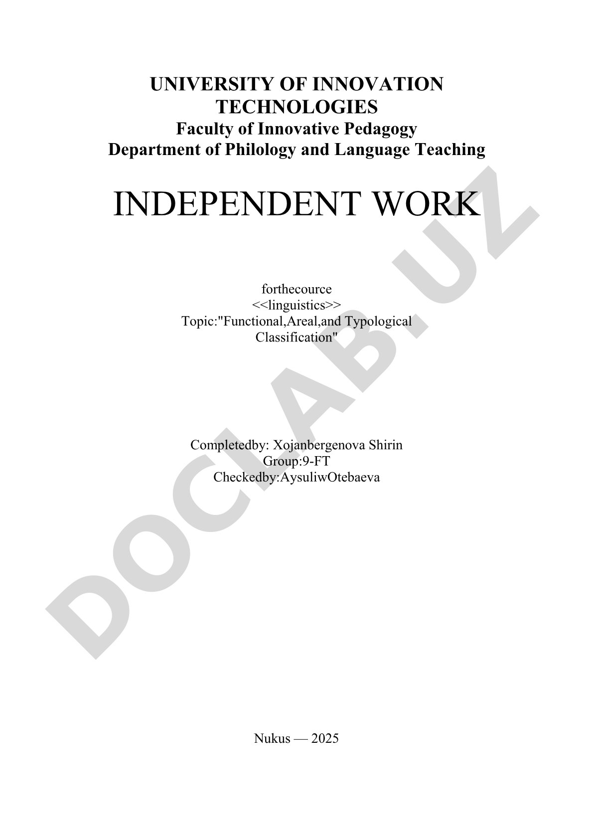 Functional, Areal, and Typological Classification