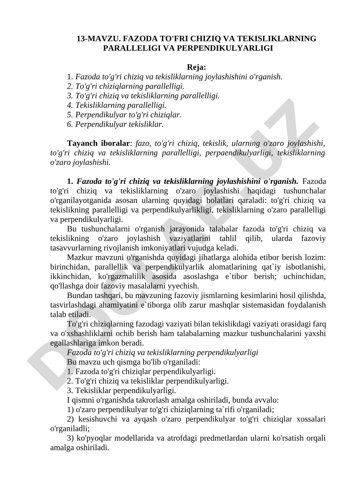 Fazoda to'g'ri chiziq va tekisliklarning parallelligi va perpendikulyarligi