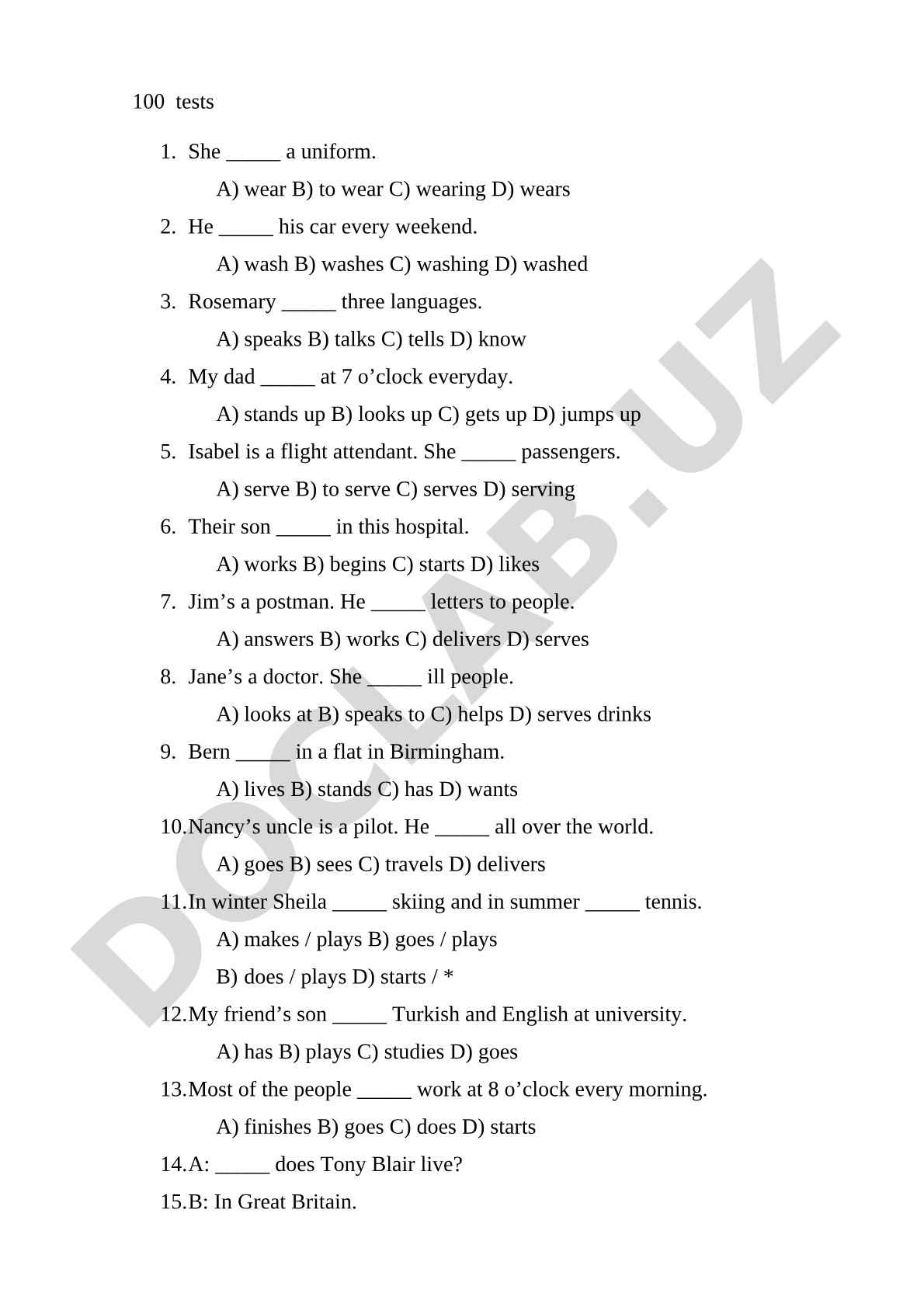 English Grammar Test on Present Simple Tense