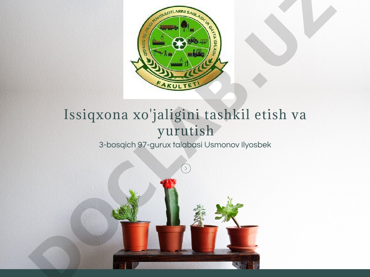 Issiqxona xo'jaligini tashkil etish va yurutish
