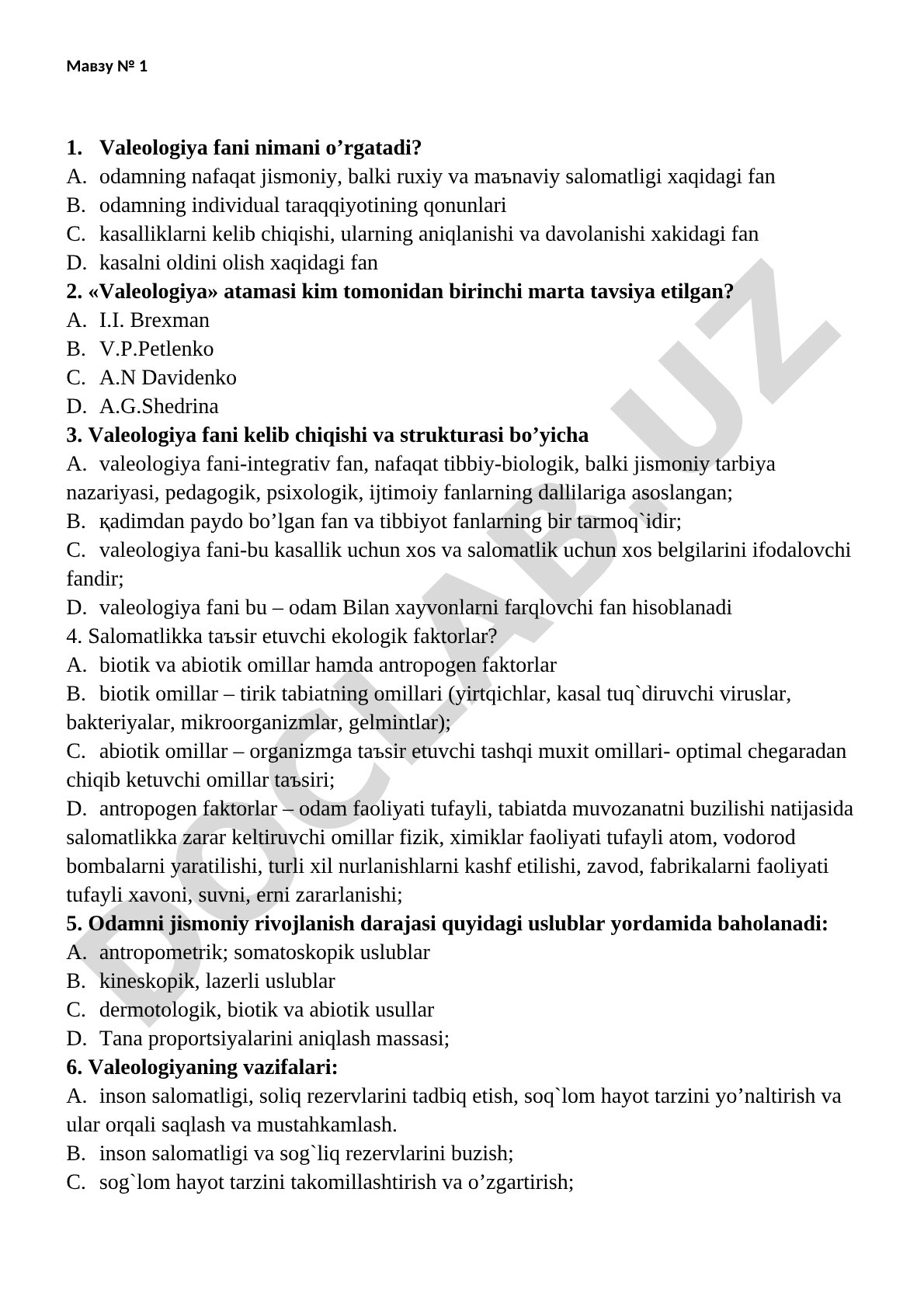 Valeologiya fanidan test savollari