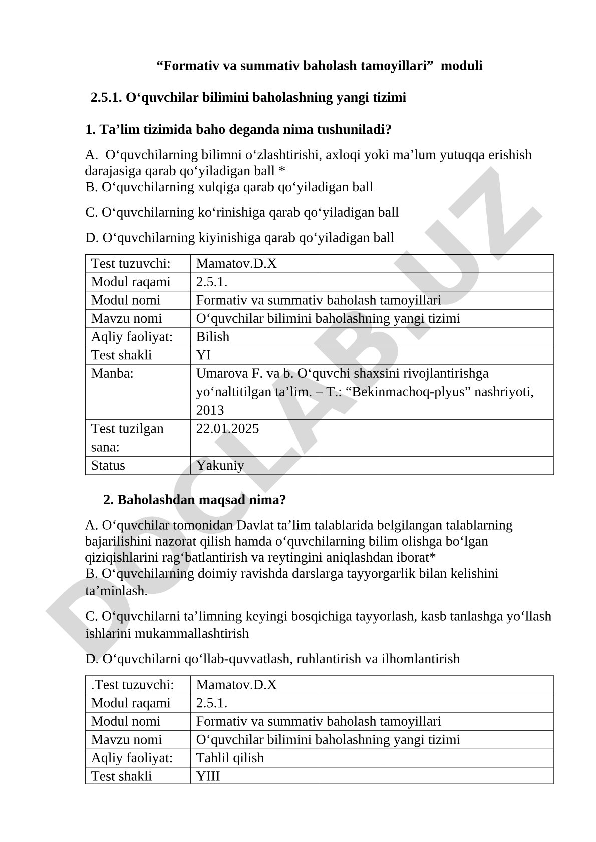 O‘quvchilar bilimini baholashning yangi tizimi