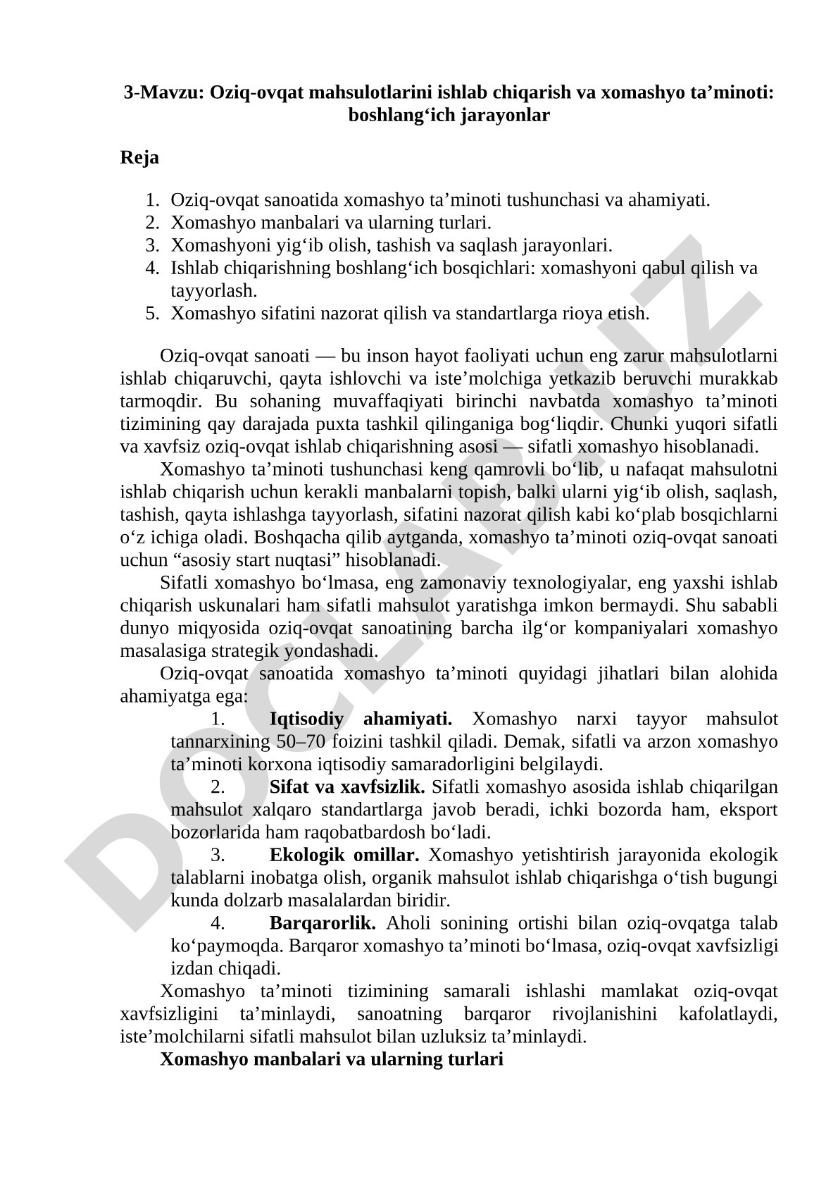 Oziq-ovqat mahsulotlarini ishlab chiqarish va xomashyo ta’minoti: boshlang‘ich jarayonlar