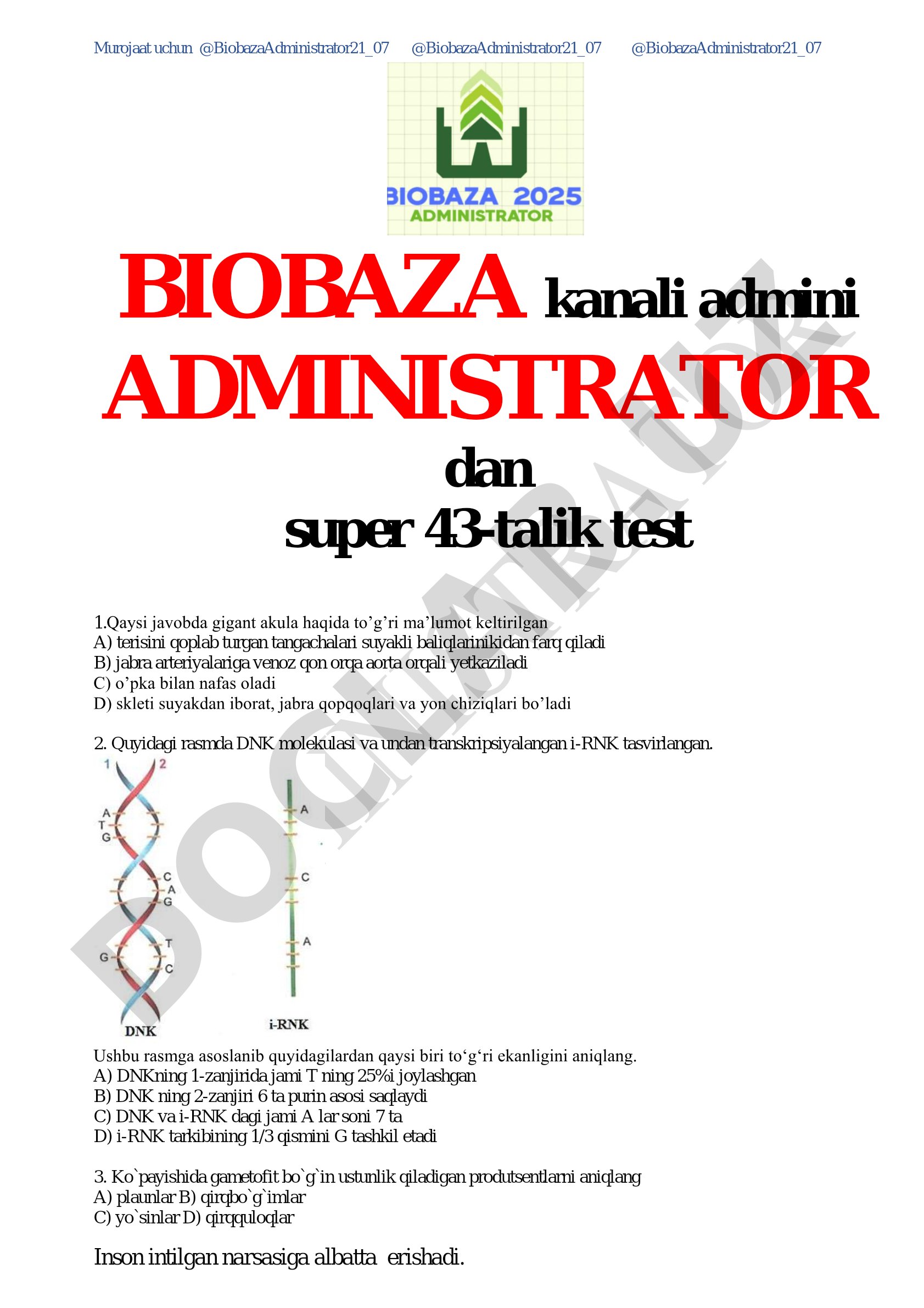 Biologiya fanidan test savollari