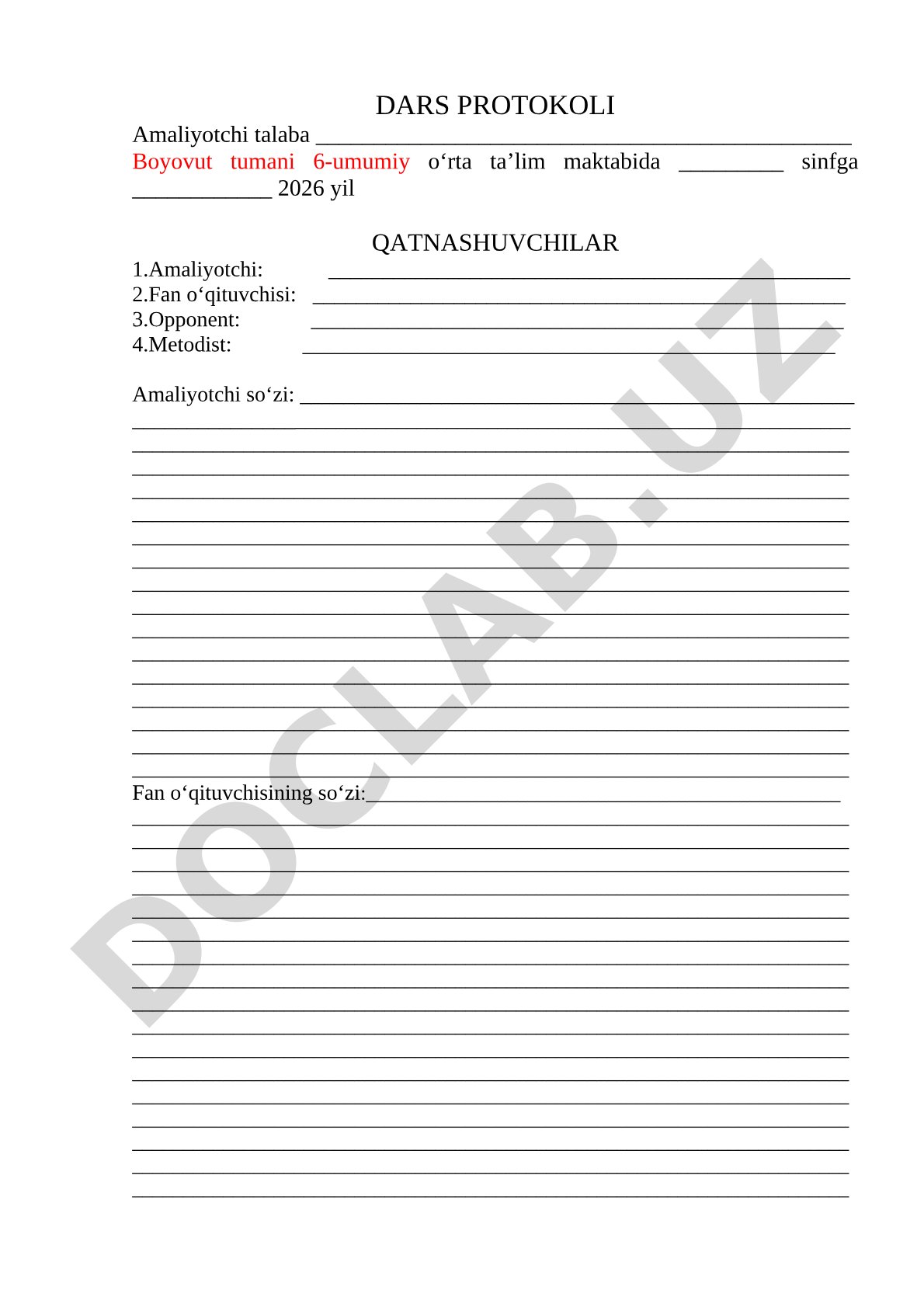 Dars protokoli shabloni