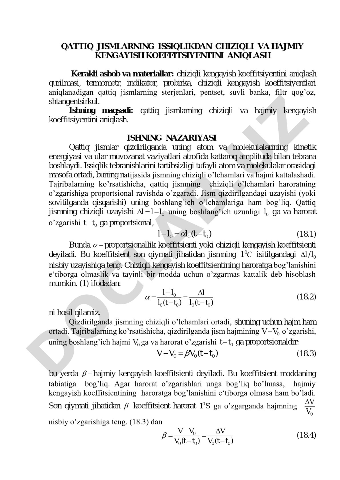 Qattiq jismlarning issiqlikdan chiziqli va hajmiy kengayish koeffitsiyentini aniqlash