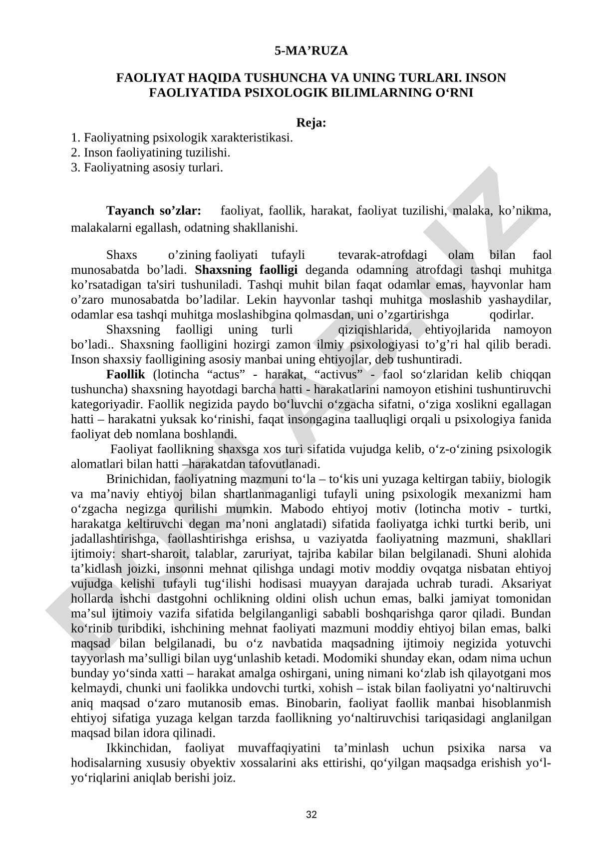 Faoliyat haqida tushuncha va uning turlari. Inson faoliyatida psixologik bilimlarning o'rni