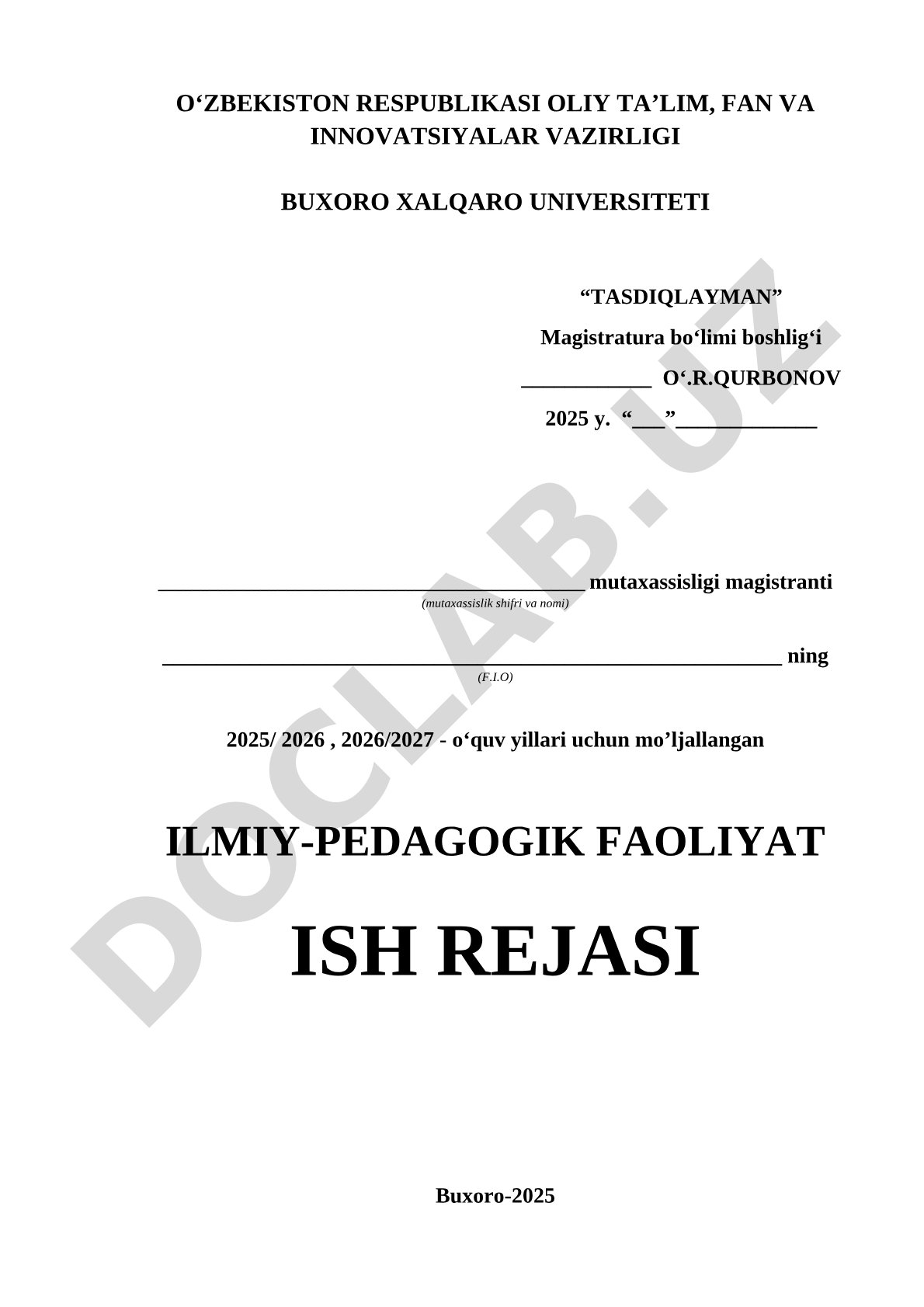 Ilmiy-pedagogik faoliyat ish rejasi