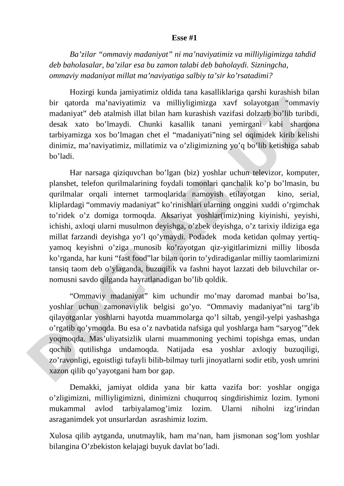 Ommaviy madaniyatning millat ma'naviyatiga ta'siri