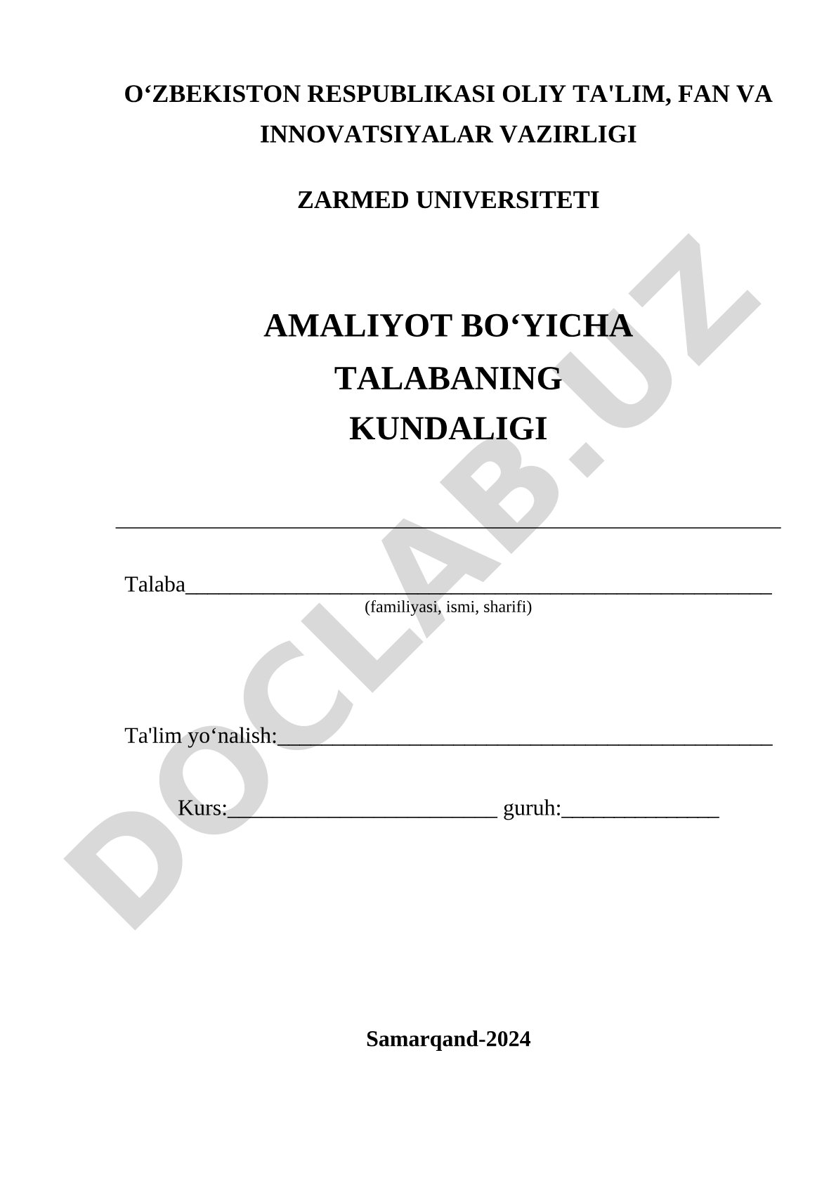 Amaliyot bo‘yicha talabaning kundaligi