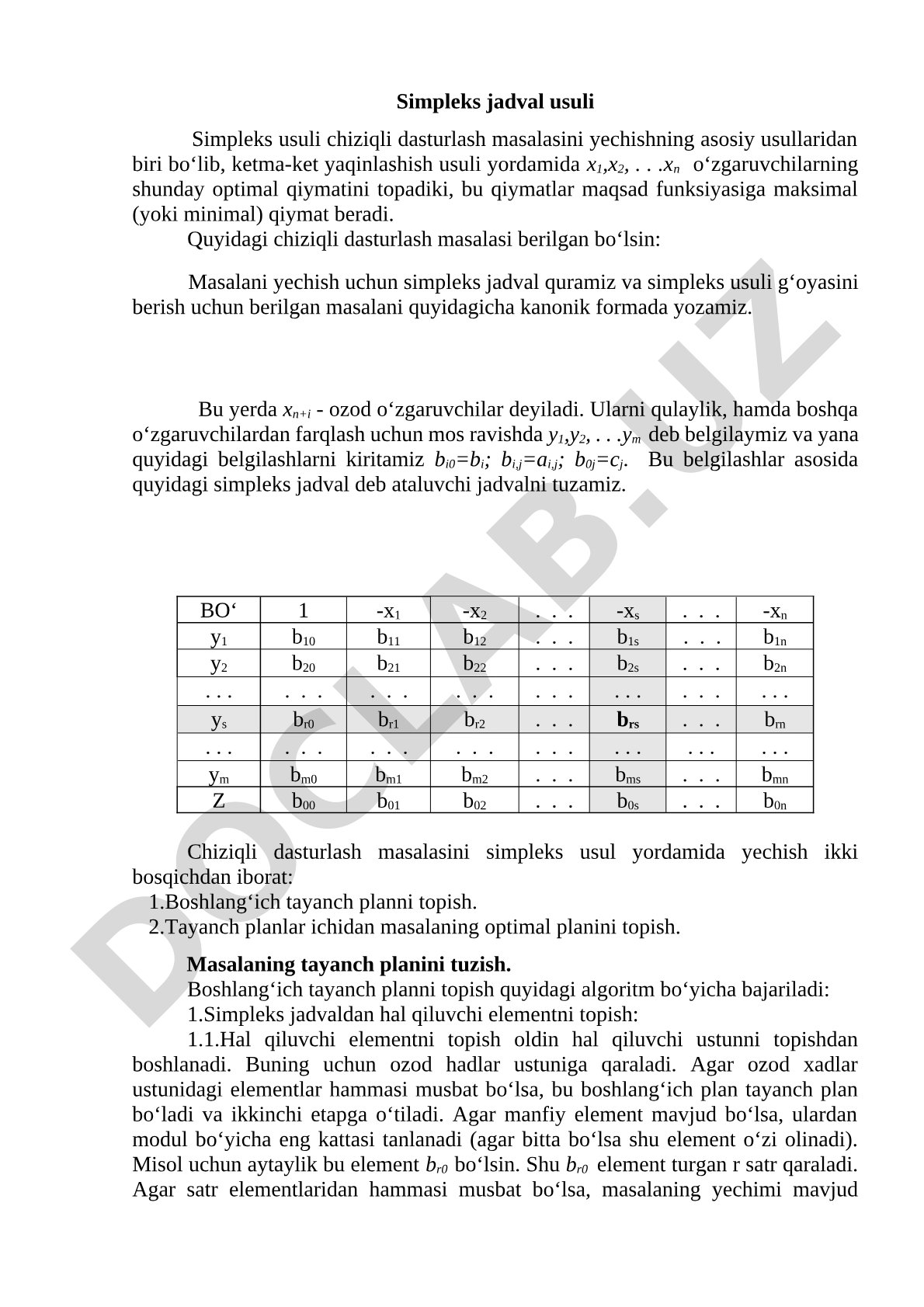 Simpleks jadval usuli