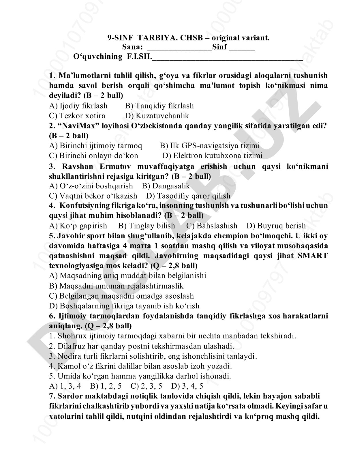 9-sinf Tarbiya CHSB testi
