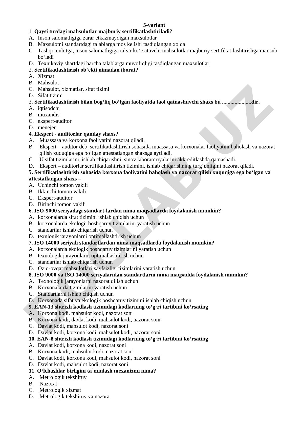 Sertifikatlash bo'yicha test savollari