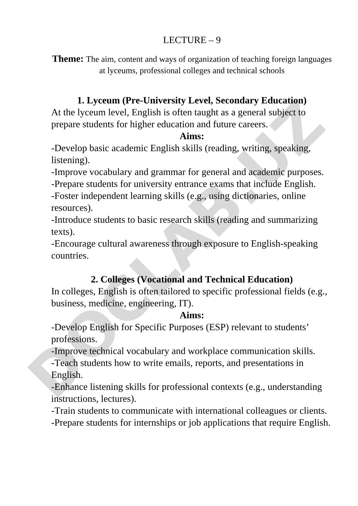 The aim, content and ways of organization of teaching foreign languages at lyceums, professional colleges and technical schools