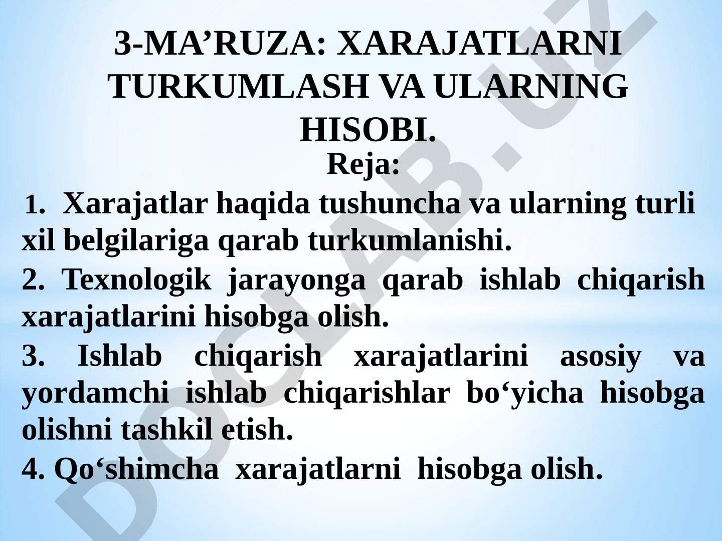 Xarajatlar haqida tushuncha va ularning turli xil belgilariga qarab turkumlanishi