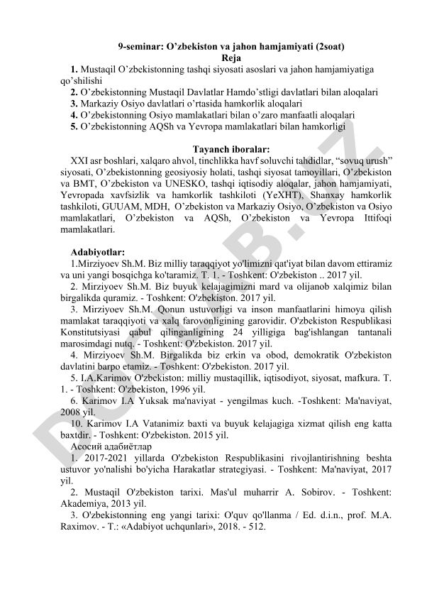 O’zbekistonning tashqi siyosati va jahon hamjamiyati bilan aloqalari