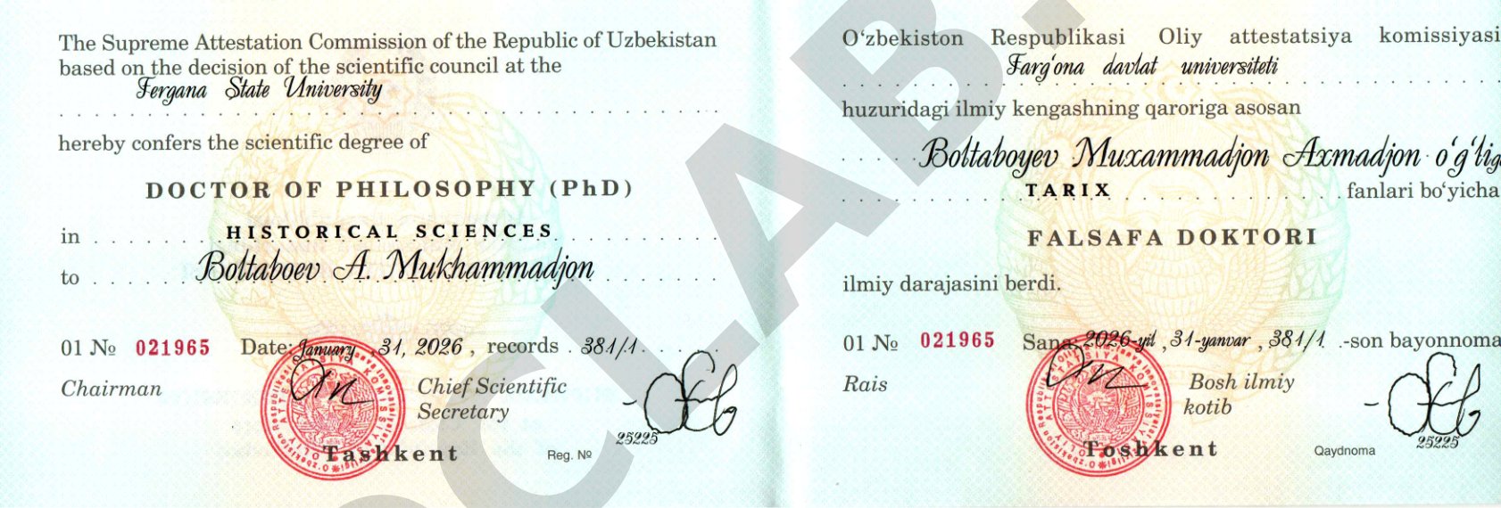 Doctor of Philosophy (PhD) degree awarded to Boltaboyev Muxammadjon Axmadjon