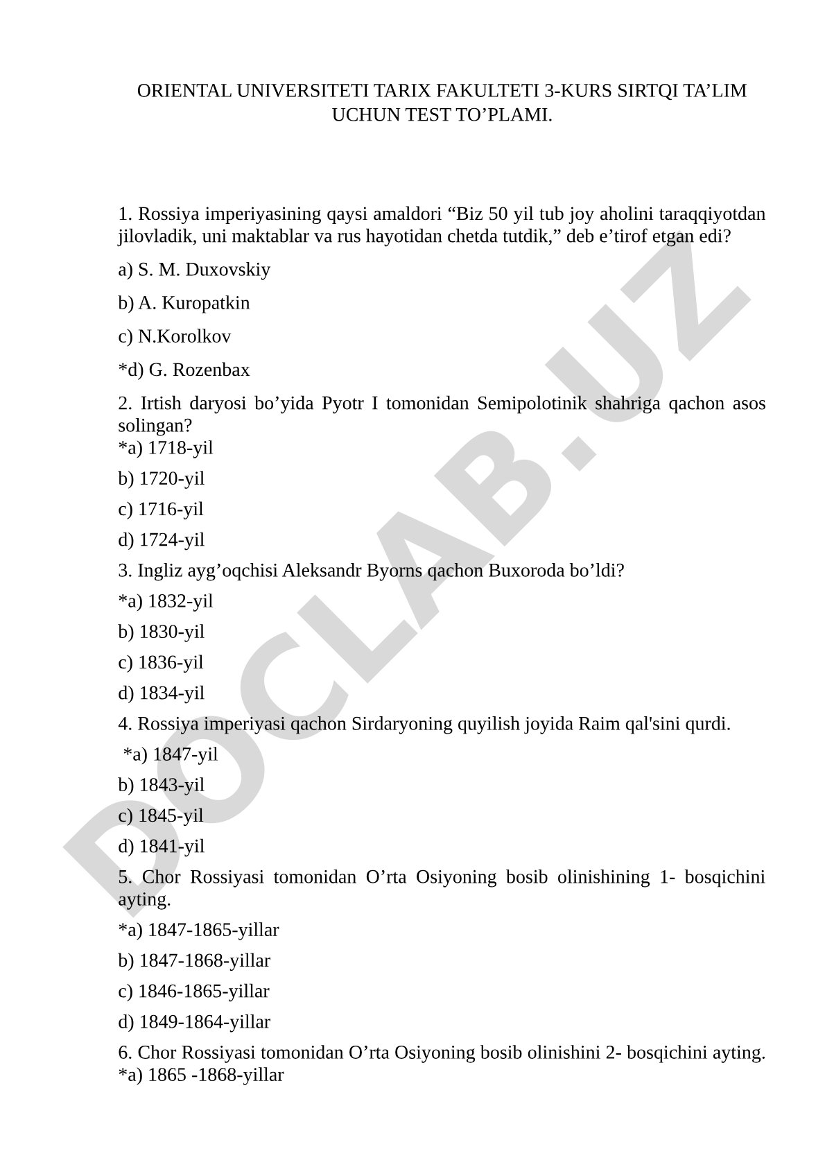 Oriental universiteti tarix fakulteti 3-kurs sirtqi ta'lim uchun test to'plami