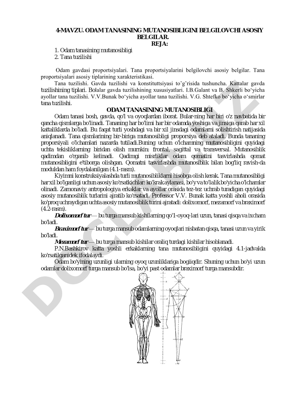 Odam tanasining mutanosibligini belgilovchi asosiy belgilar