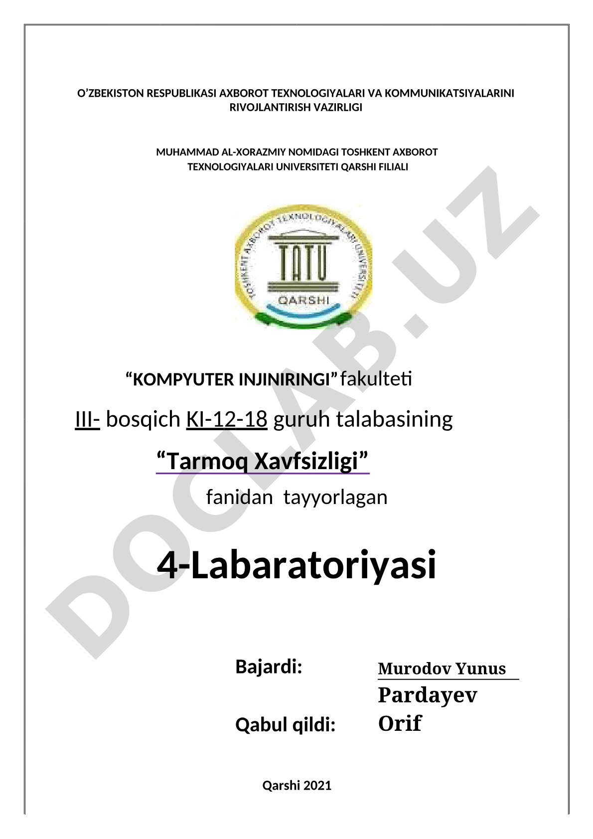 Tarmoq Xavfsizligi fanidan 4-labaratoriya ishi