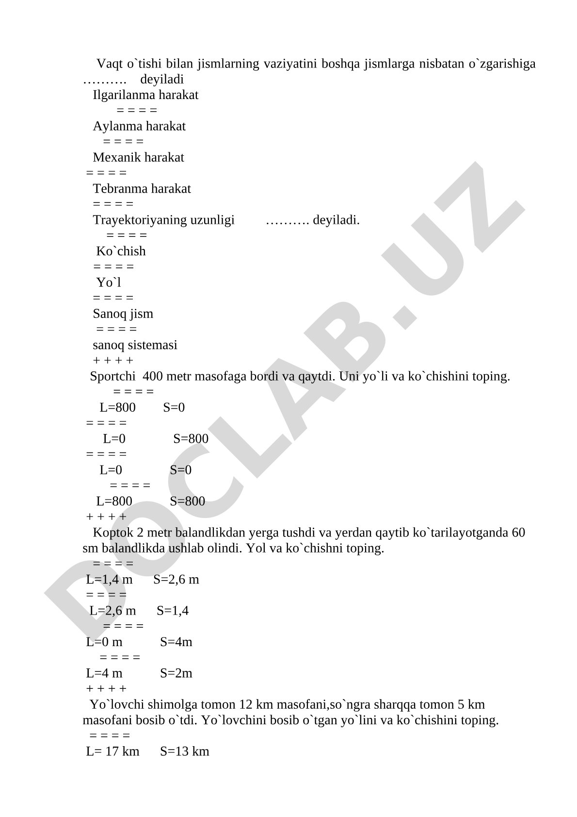 Mexanik harakat va ko'chishga oid test savollari