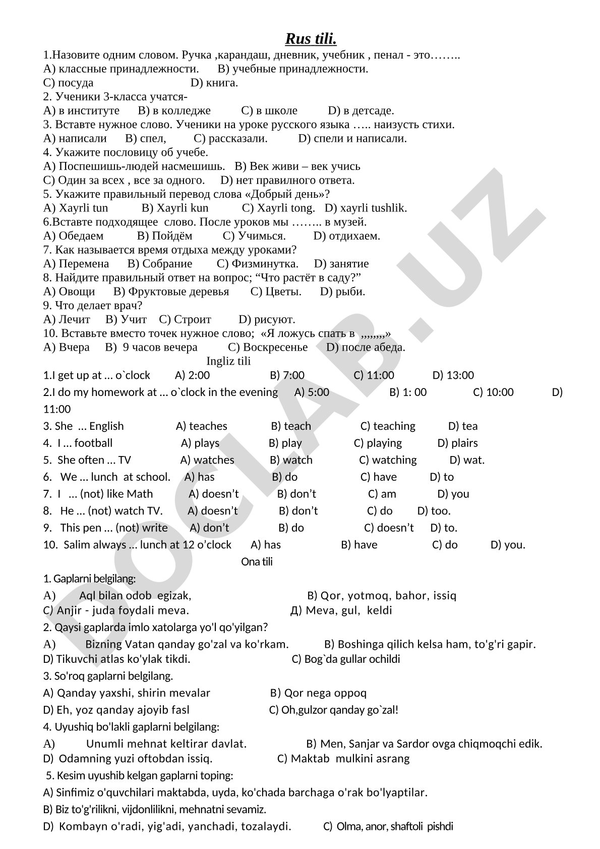Тест для 3 класса: русский и английский язык