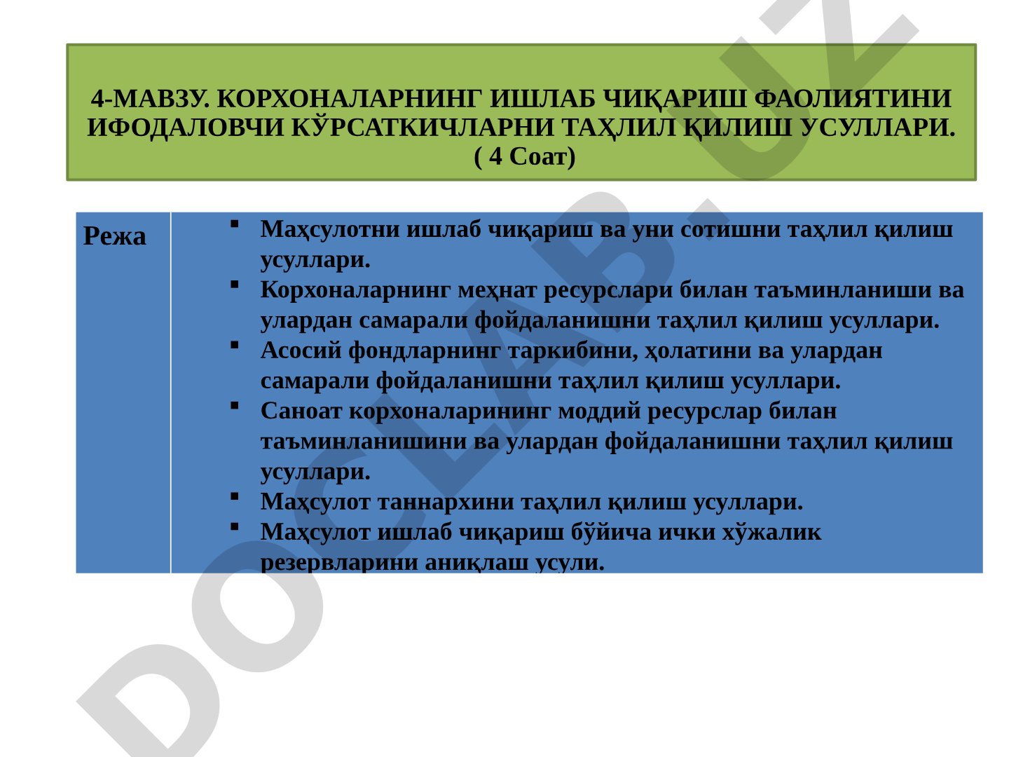 КОРХОНАЛАРНИНГ ИШЛАБ ЧИҚАРИШ ФАОЛИЯТИНИ ИФОДАЛОВЧИ КЎРСАТКИЧЛАРНИ ТАҲЛИЛ ҚИЛИШ УСУЛЛАРИ