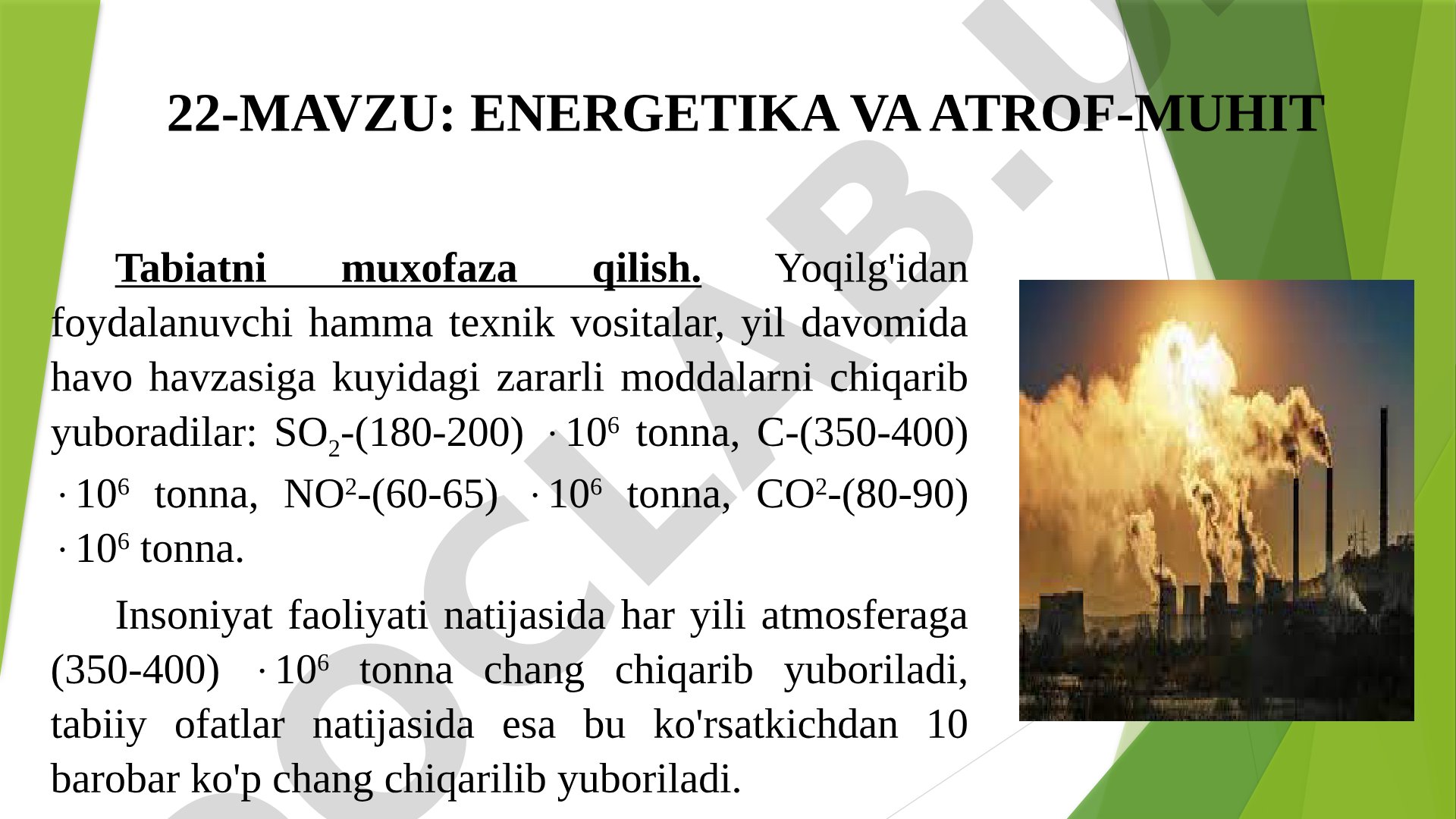 Yoqilg'i ishlatuvchi texnik vositalarning atmosferaga chiqaradigan zararli moddalari va