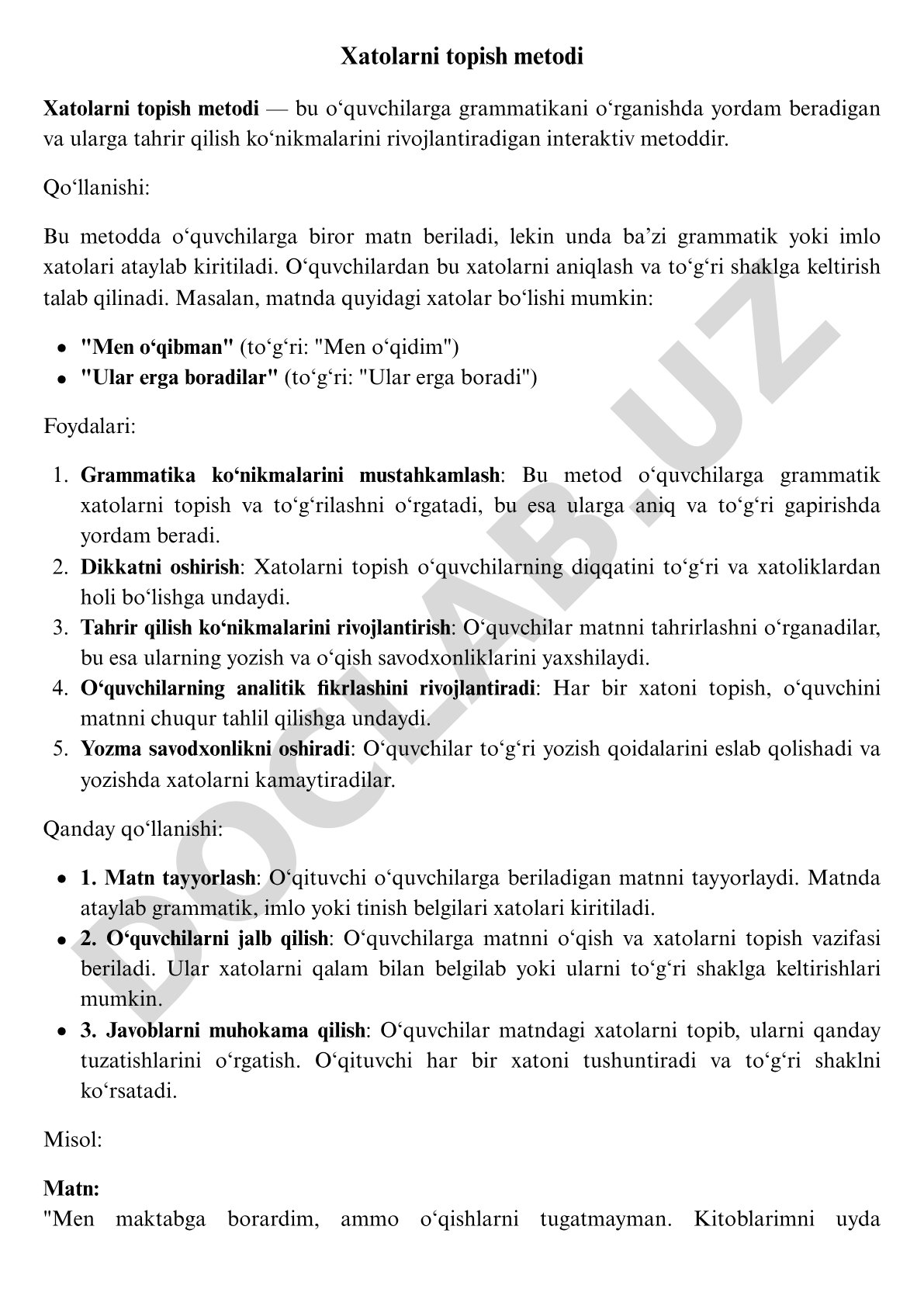 Grammatik xatolarni topish va tahrir qilishni o‘rgatuvchi interaktiv metod