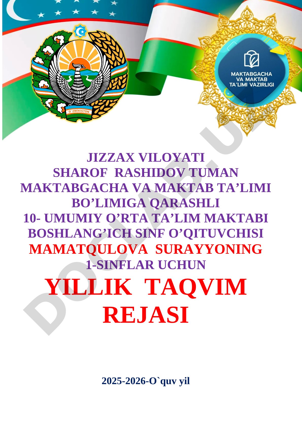 1-sinf Alifbe fanidan taqvim reja
