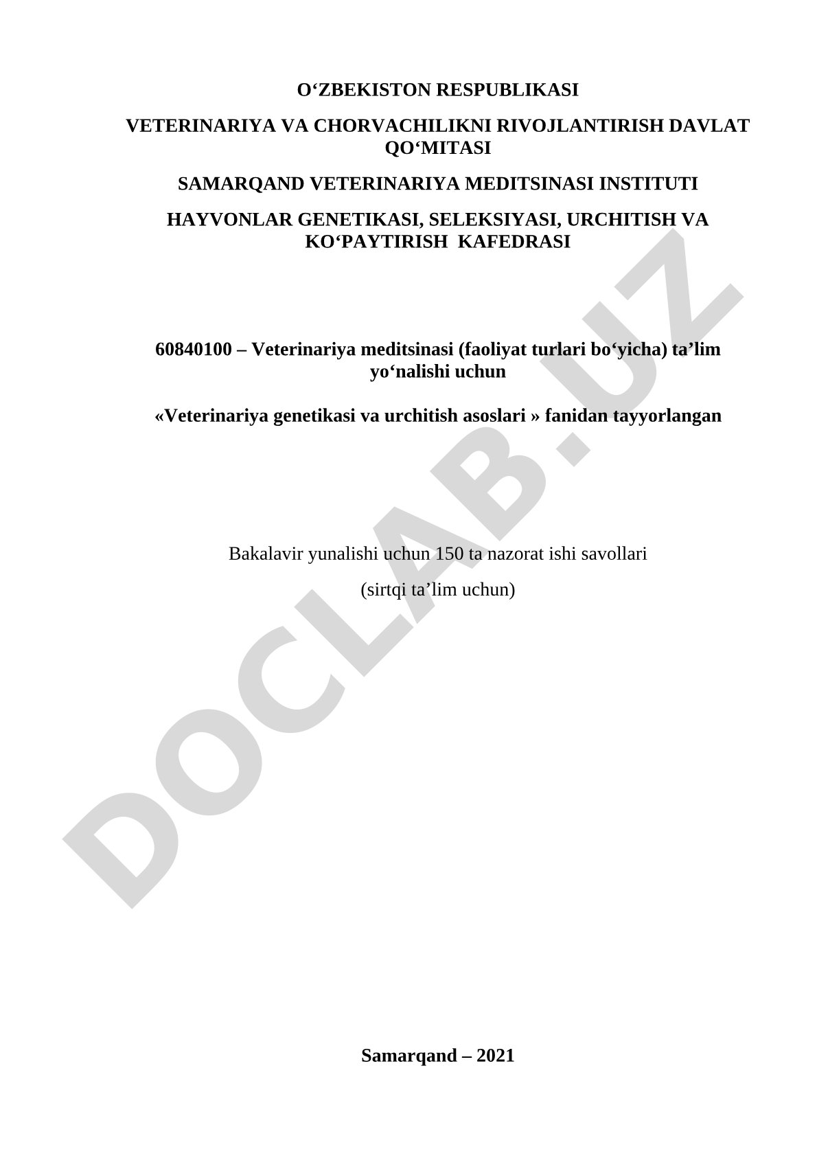 Veterinariya genetikasi va urchitish asoslari