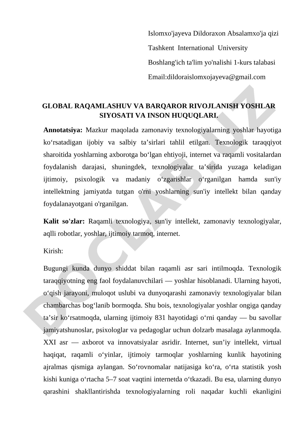 GLOBAL RAQAMLASHUV VA BARQAROR RIVOJLANISH YOSHLAR SIYOSATI VA INSON HUQUQLARI