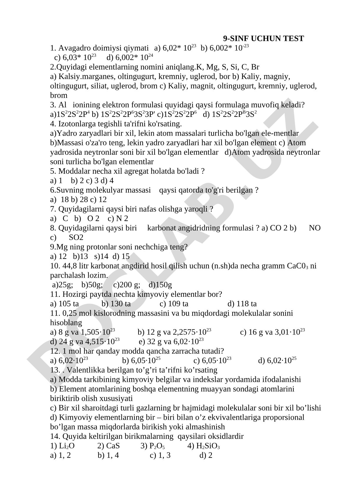 Kimyodan 9-sinf uchun test savollari
