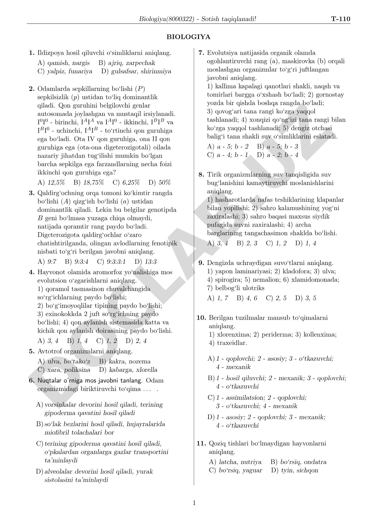 Biologiya fanidan test savollari