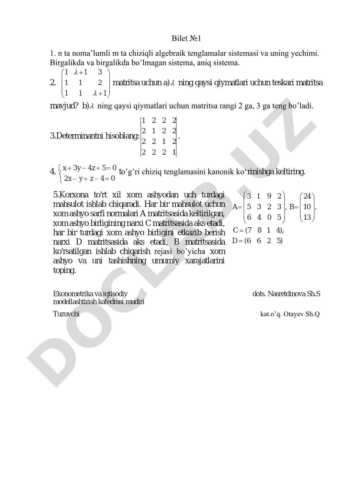 Chiziqli algebra fanidan bilet savollari