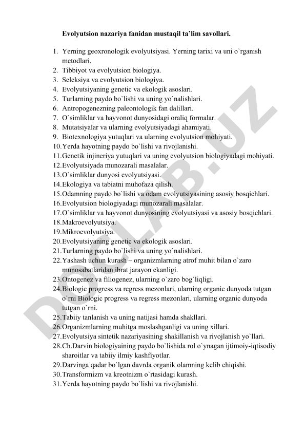 Evolyutsion nazariya fanidan mustaqil ta'lim savollari