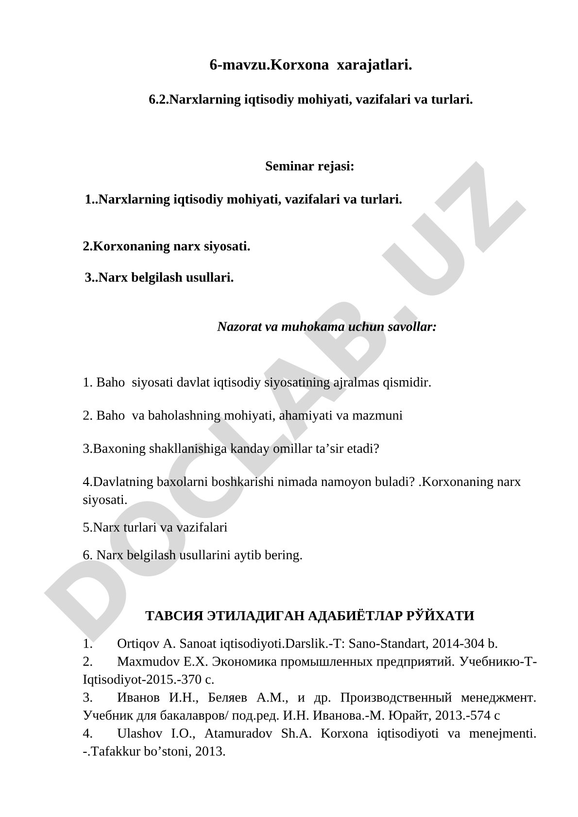 6-mavzu.Korxona xarajatlari. 6.2.Narxlarning iqtisodiy mohiyati, vazifalari va turlari.