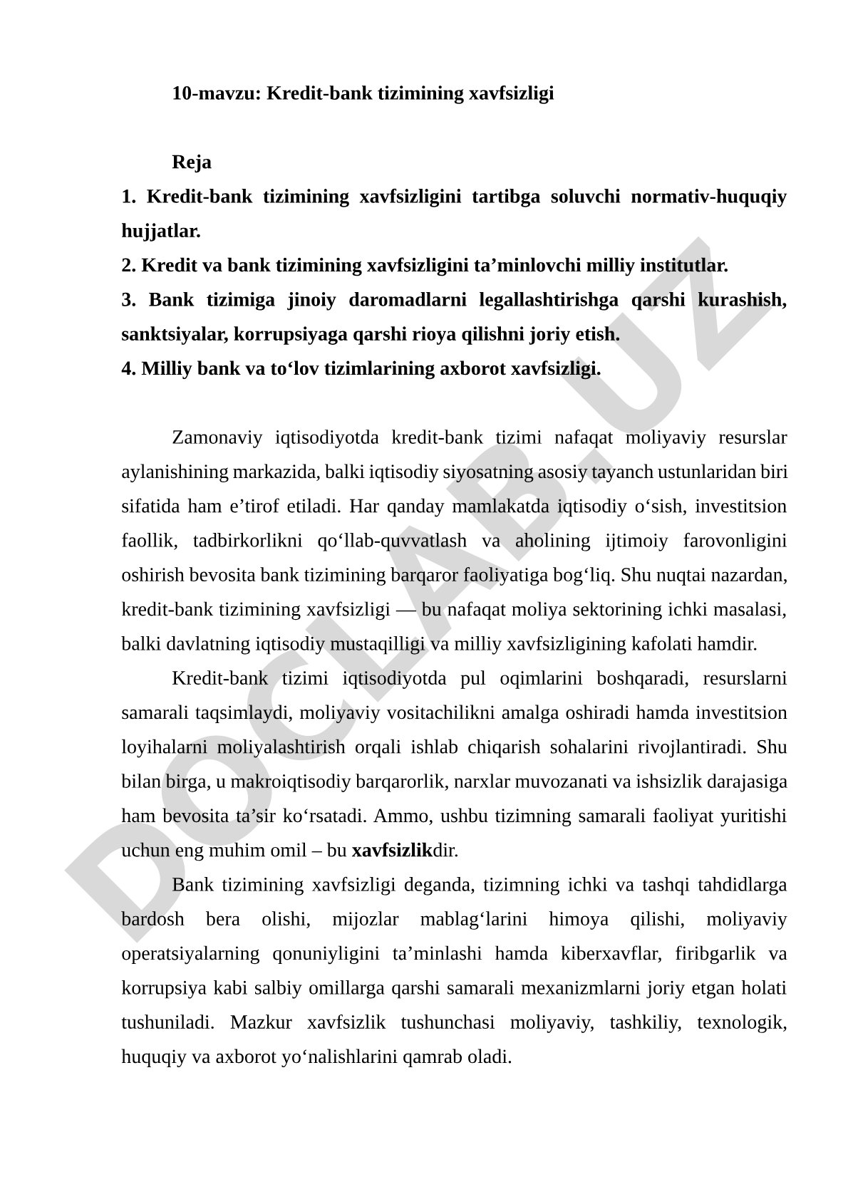Kredit-bank tizimi xavfsizligini tartibga soluvchi hujjatlar, milliy institutlar, jinoyat
